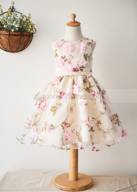 Printed Organza 3D Flowers Wedding Party Flower Girl Dress